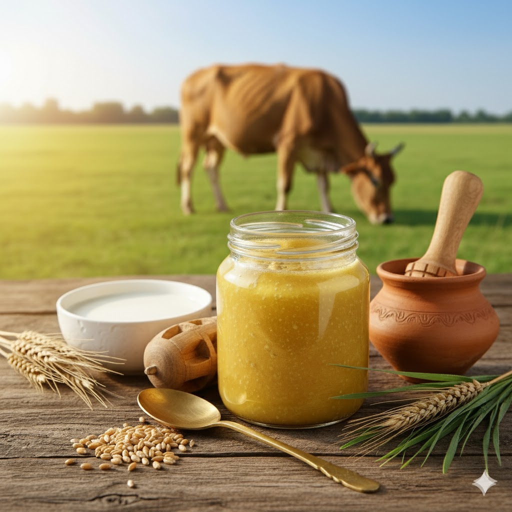 Glass jar of organic Desi Gir Cow Ghee beside fresh A2 milk bottle at Pune farm